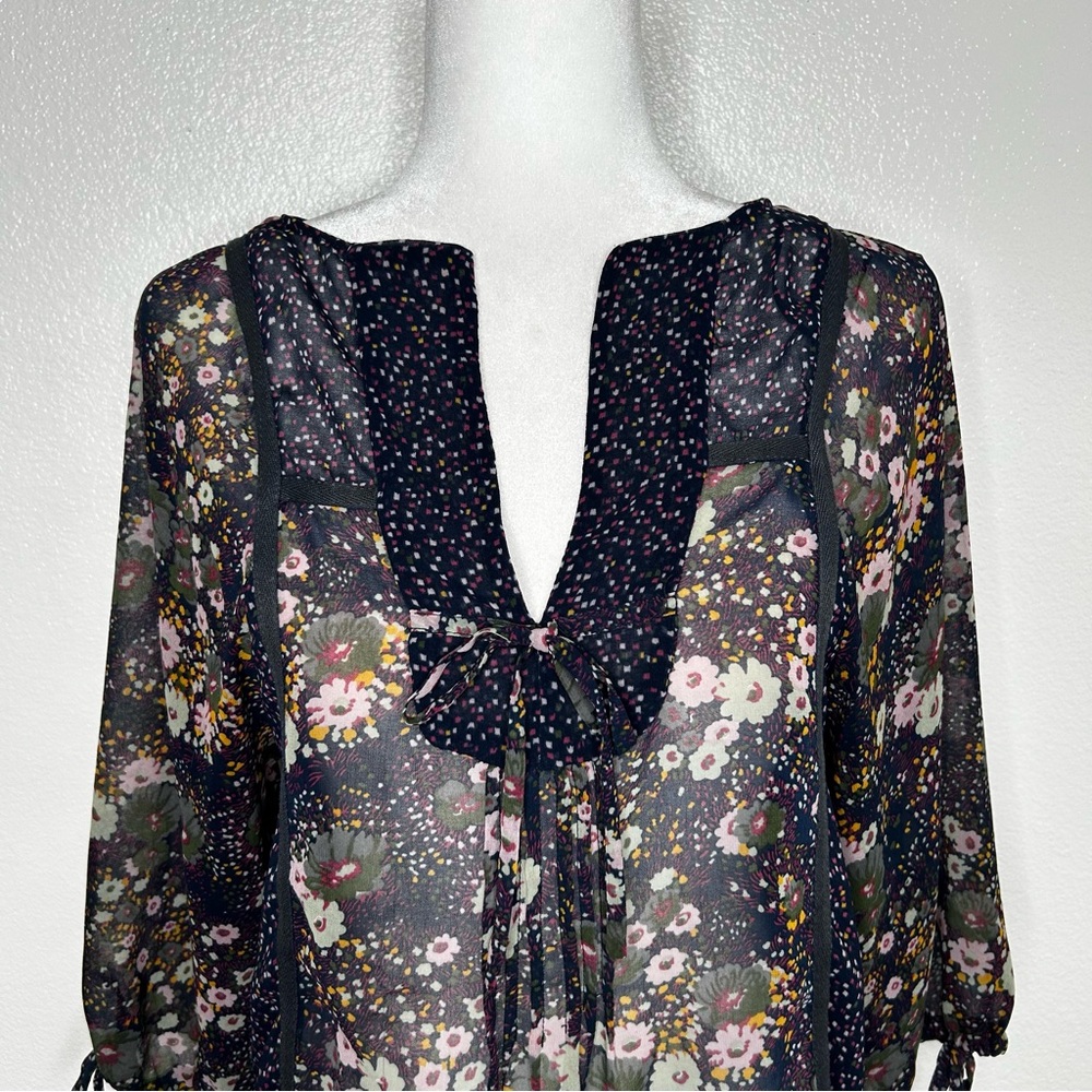 ZARA Womens Navy Blue Floral Chiffon Front Tie Top Balloon Sleeve Size XS/ S - Picture 2 of 10